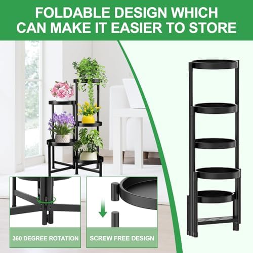 Plant Stand Indoor Outdoor 5 Tier Black Metal Plant Holder 9 in Wide Tray - Image 4