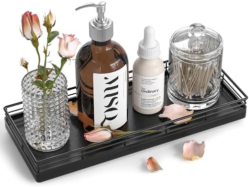 Bathroom Tray for Counter, Oak Wood 11" L Small Vanity Tray for Dresser Tops Perfume Jewelry Makeup Candle Soap Sponge Holder for Kitchen Countertop Organizer Coffee Table Decor Bar Black by Focusonit