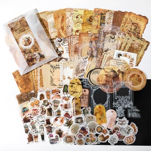 200PCS Vintage Scrapbook Paper Journaling Scrapbooking Supplies Kit Retro Decorative Craft Paper Assorted for Bullet Junk Journals Card Making Craft DIY, Coffee Diary by Unknown