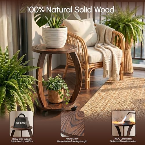 2 Tier Wooden Plant Stand Indoor with Wheels – Tall Plant Stand for 6-12 Inch Pots, Mid-Century Modern Rustic Plant Table Indoor, Pedestal Stand for Corner, Living Room, Balcony, Dark Brown - Image 4