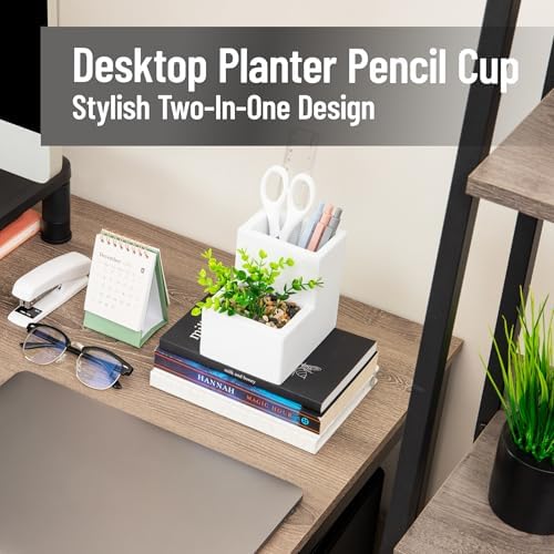 Mind Reader Ceramic Desktop Planter Pencil Cup, Desk Organizer with Faux Succulent, White - Image 2