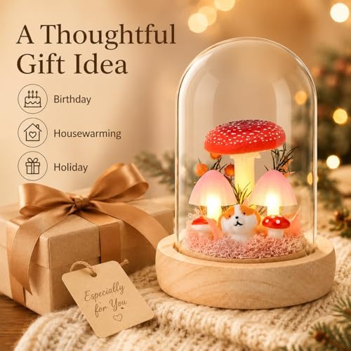 QUELIEN Mushroom Lamp in Glass Dome,Mushroom Gifts for Women - Warm White LED Night Light for Bedroom Decor,Birthday Party Decorations,Ideal Birthday Gift Valentines Gift - Image 7