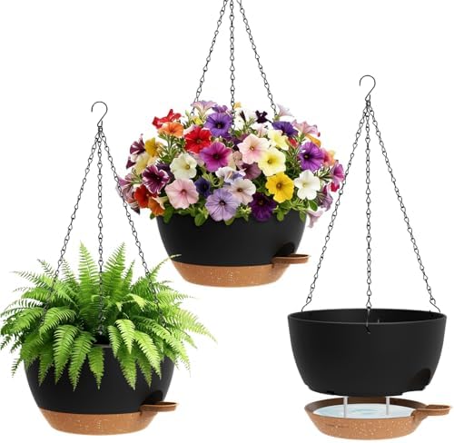UOUZ Set of 3-10 Inch Self Watering Hanging Planters for Indoor Outdoor，Hanging Plant Pots with Drainage & Removable Tray, Hanging Pots Holder for Ivy, Pothos, Ferns, Balcony & Patio, Black with Brown by UOUZ