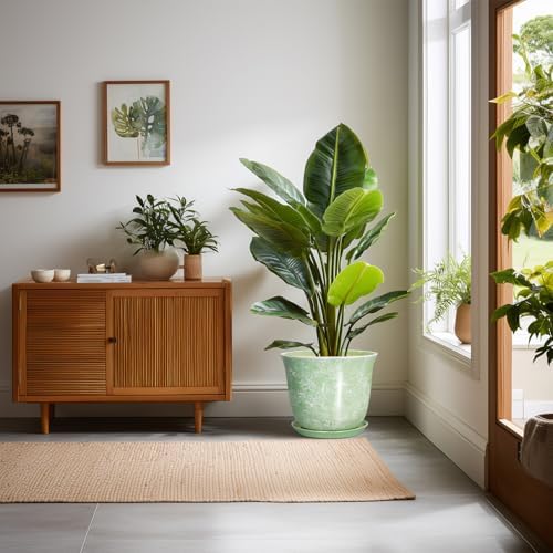 Ceramic Pots for Plants - 10 Inch Plant Pot for Indoor Outdoor, Round Planter with Drainage Hole and Saucer, Decorative Plant Pots, Modern Flower Pot, Home Porch Decor, Garden Gifts, Green - Image 3