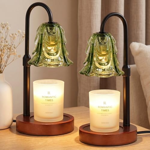Small Candle Warmer Lamp with Timer, Adjustable Green Lamp Warmer for Jar Candles, Christmas Birthday Gifts for Women Mom Her, Dimmable Candle Heater, 2pcs Cute Wax Warming Light with Wood Base by Funistree