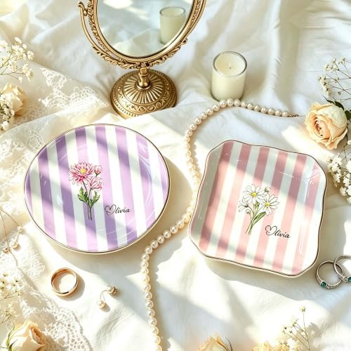 Personalized Birth Flower Ring Dish Custom Name Jewelry Trinket Tray Ceramic Floral Dish Gift for Mom Bridesmaid Friend Birthday Wedding Mother's Day - Image 3