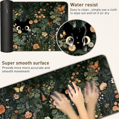 Black Cat Desk Mat, Dark Botanical Floral XXL Mouse Pad 35.4x15.7 in - Image 4