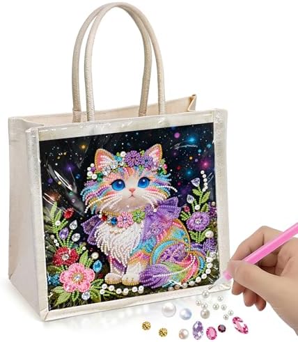 Xylzzuit DIY Pearl Painting Canvas Tote Bag Kit 11.42IN Diamond Art Handbag for Women Shopping Grocery Bag Dots Beads Art Craft Gift (Cat) by Xylzzuit