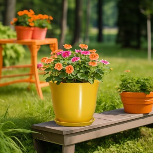Ceramic Planter - 10 Inch Plant Pot for Indoor Outdoor, Round Flower Pots with Drainage Hole and Saucer, Large Plant Pot, Modern Planters, Home Room Decor, Gifts for Plants Lovers, Yellow - Image 5