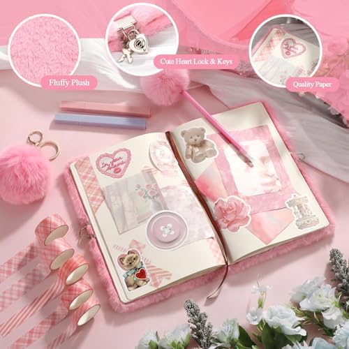 Janlaugh DIY Journal Diary with Lock Pack Scrapbook Kit, Pink, Plush - Image 3