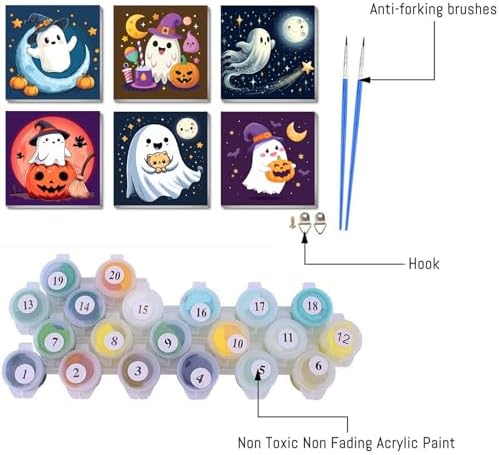 FQOVKYN 6 Pcs Framed Halloween Paint by Numbers Kits for Beginners, Ghosts Adults' Paint-by-Number Kits on Canvas, Easy Acrylic Oil Painting by Number for Gift Home Decor 8x8 inchs - Image 3