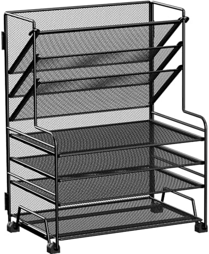 MINDEPOT 4-Tier Paper Organizer + 3-Pocket File Holder + Drawer + Pen Holders, Desktop File Organizers Paper Tray for Office Supplies School Classroom Organization (Black, No Drawer & Pen Holder) by MINDEPOT