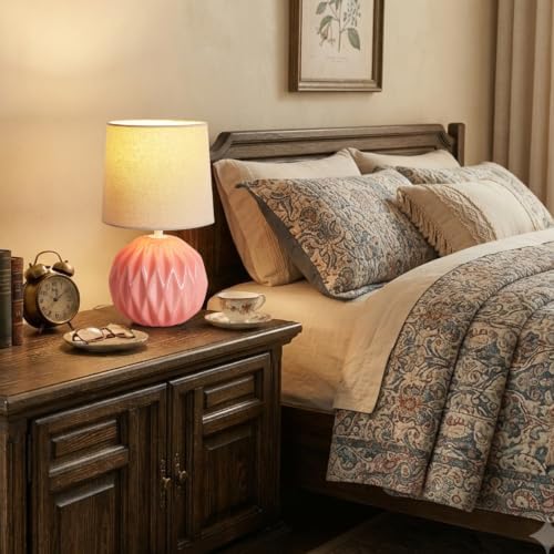 Pink Ceramic Table Lamp with Linen Shade, Small Bedside Lamp for Bedroom - Image 2