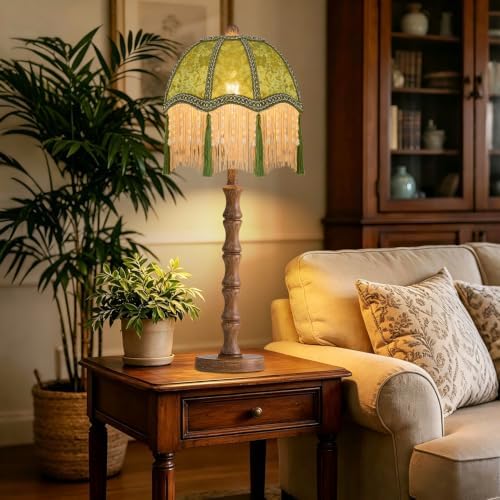 ILLMTW Vintage Table Lamp for Bedroom Living Room,Fringe Bedside Lamps Dimmable Boho Bedroom Lamp with Flower Green Lamp Shade,Mid Century Retro Tassel Unique Wood Small Nightstand Lamp Tiffany Decor - Image 7