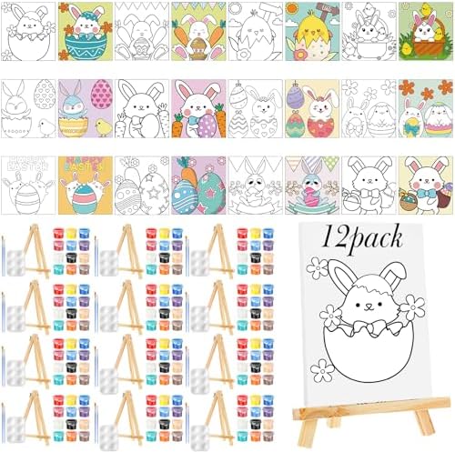 Zhanmai 72 Pcs 12 Sets Sip and Paint Kit Pre Drawn Canvas for Painting 8" x 10" Paint Party Canvas Painting Pre Printed Canvases for Party Favor DIY Virtual Adult's Date Night(Bunny Eggs) by Zhanmai