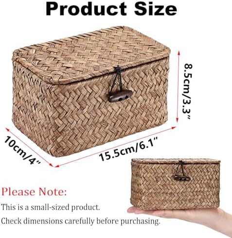 Hipiwe Small Wicker Basket with Lid Woven Seagrass Organizer, 6.1"x 4"x3.3" - Image 3