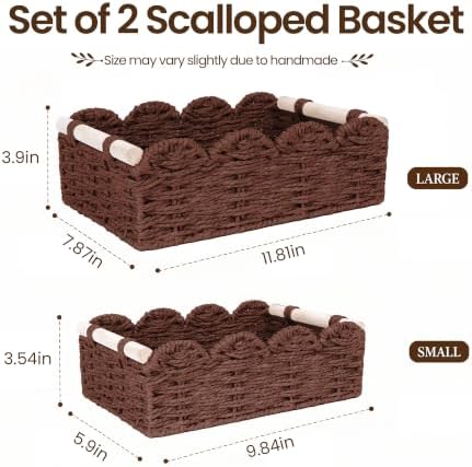 iEGrow Paper Rope Small Storage Baskets for Organizing, Set of 2 Scalloped Edge Wicker Basket with Wooden Handles Toilet Paper Basket for Over Toilet Storage Shelf, Home Decor, Living Room (Brown) - Image 2