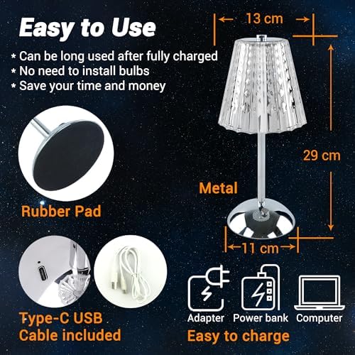 Cordless Rechargeable Metal Table Lamp, Crystal, Silver 2-Pack - Image 6