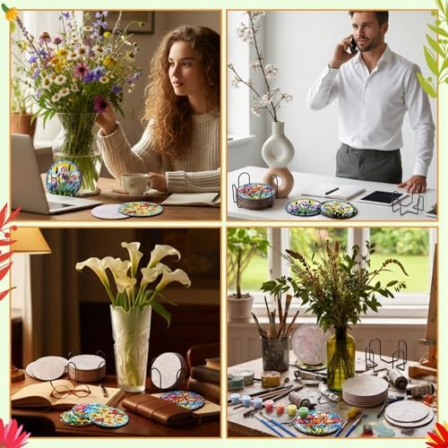 Reallnaive 8 Pcs Flower Paint by Numbers Kit for Adults Wood Floral Coaster - Image 5