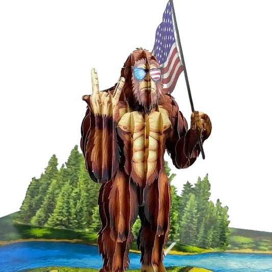 3D Pop Up Greeting Card – Funny Bigfoot Sasquatch Card with American Flag – Hilarious Birthday, Father’s Day, Retirement, or Gag Gift – Unique Handmade Novelty Card with Envelope