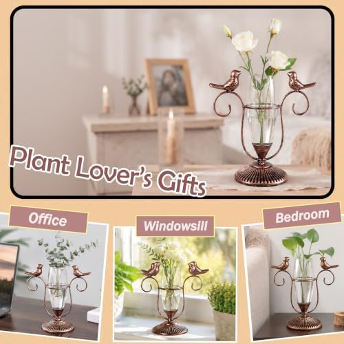 Hydroponic Plant Vases, Plant Terrarium, Plant Propagation Station Metal Vintage Style Desktop Decor Gifts for Plant Lovers (Copper Bird, 8.26"×7.9") - Image 3