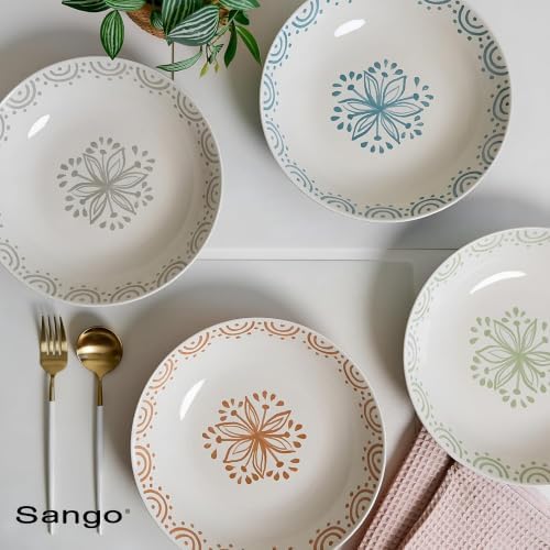 Sango 4-Piece Speckled Stoneware Pasta Bowl Set- Wide Shallow Dinner Bowls with Hand-Painted Rustic Design, Farmhouse Glossy Large Ceramic Bowls for Pasta, Salad & Everyday Meal, Siterra Glazed Garden - Image 2