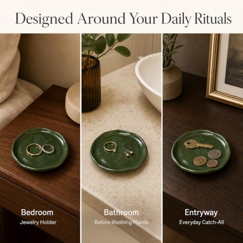 Jewelry Dish, Vintage Green Ceramic Round Shallow Ring Tray - Image 5