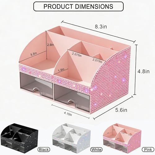 Bling Makeup Organizer with Drawers, Cosmetic Storage for Dresser Vanity and Bathroom Countertop, Beauty Holder for Lipstick Brush, Skincare Organizer for Vanity, Cosmetic Display Case Bling Pink - Image 3