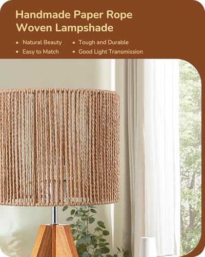 EDISHINE Small Rattan Table Lamp, Wood Tripod Bedside Lamp, 14.2", E26 Base - Image 2
