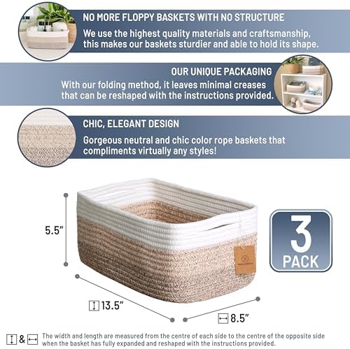 NaturalCozy 13.5”x8.5”x5.5” Storage Baskets for Shelves 3 Pack | Cotton Rope Woven Small Baskets for Organizing | Small Storage Bins for Nursery, Bathroom, Closet, Cube Shelf, Decorative, Gift - Image 2