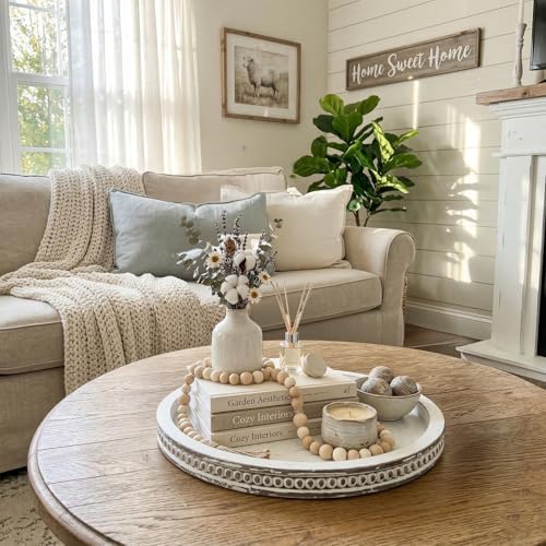 Farmhouse Round Wooden Beaded Tray 12" White Washed Wooden Decorative Tray Round Rustic Wood Decorative Coffee Table Trays for Home Living Room Kitchen Counter - Image 3
