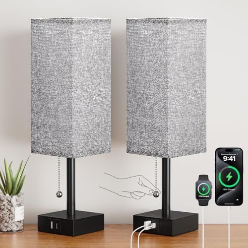 Set of 2 Grey Bedside Table Lamps for Bedroom - Nightstand Lamp, USB C+A by Aooshine
