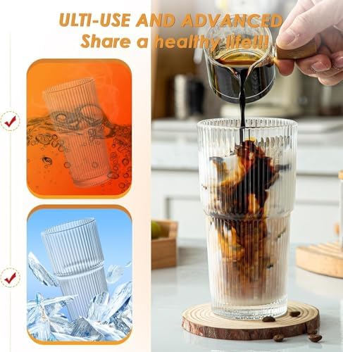 Glass Cups with Lids and Straws, 20oz Ribbed Glass Tumbler for Iced Coffee, Clear Drinking Glass with Reusable Glass Straw, Leak-Resistant Lid, Fit for Cup Holder, Dishwasher Safe - Image 2