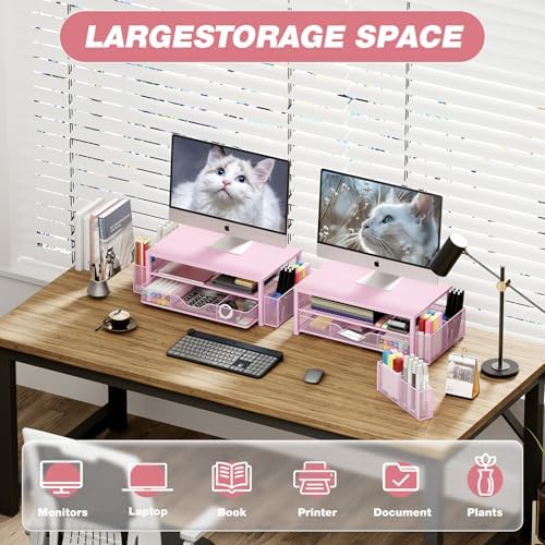 OPNICE Desk Organizer and Accessories, 2-Tier Computer Monitor Stand Riser with Drawer and 2 Pen Holders, Laptop Stand, Office Desk Accessories for Office Supplies, Pink - Image 4