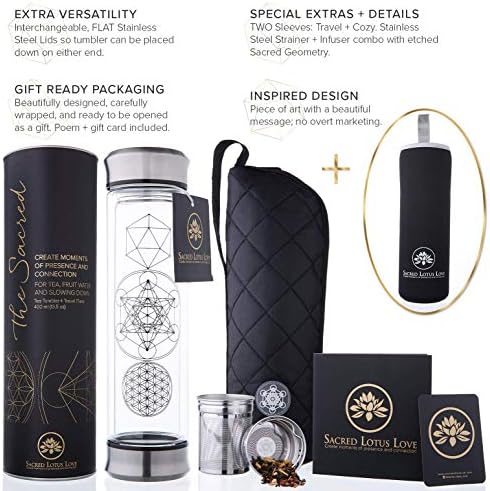 Sacred Lotus Love Double-Walled Glass Tea Infuser Bottle 14oz Portable Travel Mug with Strainer and Sleeve for Loose Leaf Tea, Coffee, Smoothies - Insulated Tumbler with Lid for Hot and Iced Beverages - Image 2