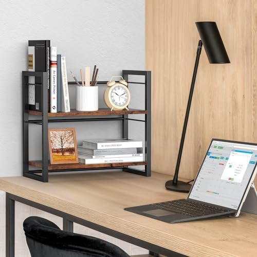 Office Desk Shelf Organizer, Wood Desktop Bookshelf Supplies Storage Rack, Shelf for Top of Desk and Dresser (Brown-2 Tier) - Image 5