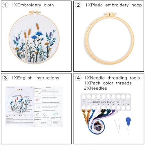 Crafmanoe Flower Embroidery Kits for Beginners Adults, Hand DIY Embroidery Starter Kits, Floral Stamped Cross Stitch Kits for Beginners Adults Craft Kits for Women, Embroidery Hoops, Fabric and Thread - Image 5