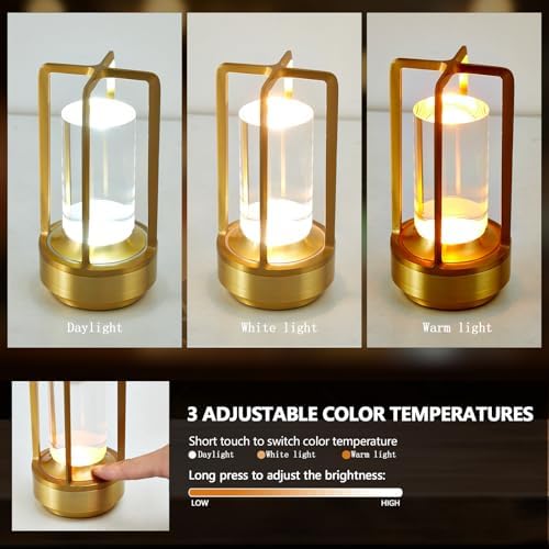 Small Table Lamp, Rechargeable Cordless Battery Operated LED Lamp, 3-Color Temperatures Dimmable Nightstand Lamp for Living Room, Bedroom, Outdoor Battery Powered Portable Touch Lamp (Gold) - Image 3