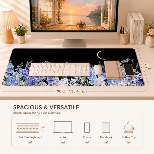 Black Desk Mat, Blue Violet Wildflower XXL Mouse Pad 35.4x15.7 in - Image 3