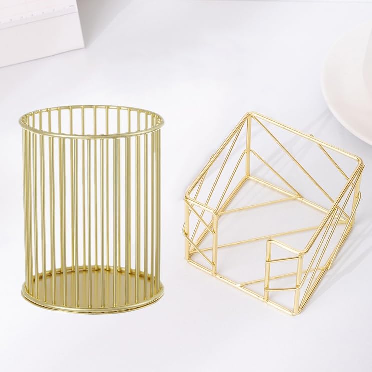 2Pcs Post sticky Note Holder + Pens Holders,Desk organizer sets,Gold Metal suit for Desk Memo,tableware,flowers,toothbrush,cute pencil holder ,Home Office decor and Accessories,Makeup Brushes Cup. by 4every