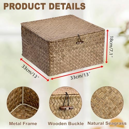 Hipiwe Seagrass Wicker Storage Basket Box with Lid, XX-Large 13"x13"x7.1" - Image 3