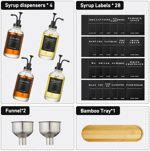 Coffee Syrup Dispenser for Coffee Bar, Coffee Syrup Pump Dispenser, Glass Syrup Bottle with Black Upgraded Pump, 4 Pack 16.9 oz 500 ml Syrup Dispensers, 28 Labels and Large Bamboo Tray - Image 2