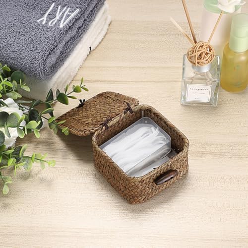 Hipiwe Mini Seagrass Basket Box Wicker Shelf Baskets with Lid, 3.5"x3.5"x2" - Image 5