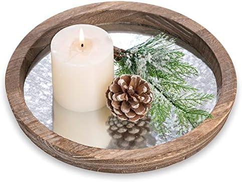 Hanobe Round Wood Decorative Tray: Rustic Wooden Tray for Coffee Table Farmhouse Centerpiece Mirror Candle Holder Vintage Mirrored Bar Plate Ottoman Topper for Home Decor Bathroom Kitchen by Hanobe