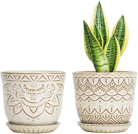 Gepege Ceramic Plant Pots, 6 Inch Indoor Planters with Drainage & Saucers by Gepege