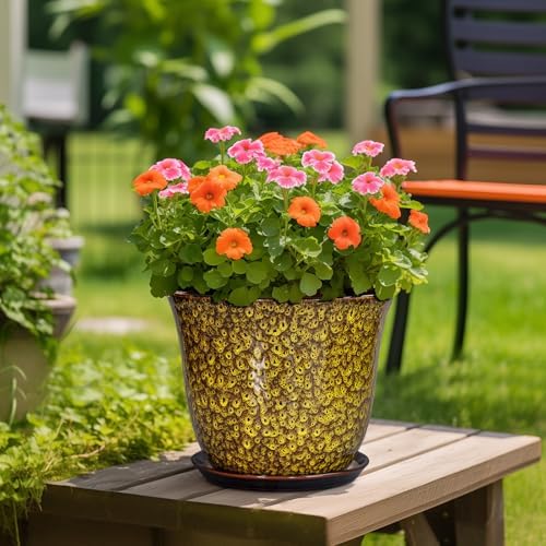 12 Inch Plant Pot - Ceramic Pots for Plants with Drainage Hole and Saucer, Round Planter for Indoor Outdoor, Large Flower Pots, Modern Planter, Patio House Decor, Plant Lovers Gifts, Yellow - Image 4