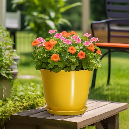12 Inch Plant Pot - Ceramic Plant Pots with Drainage Hole and Saucer, Large Round Planter for Indoor Outdoor, Modern Flower Pot, Decorative Planters, Home Garden Decor, Garden Gifts, Yellow - Image 4