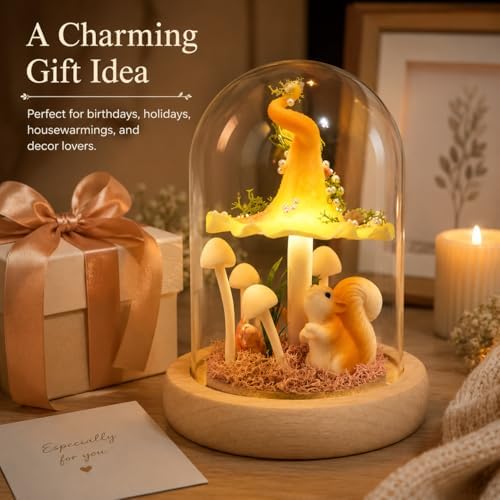 QUELIEN Mushroom Lamp in Glass Dome,Mushroom Gifts for Women - Warm LED Night Light for Bedroom Decor,Birthday Party Decorations,Ideal Birthday Gift Valentines Gift - Image 6