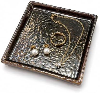 Jewelry Dish, Gold Ceramic Square Tray, Hammered Glaze by Unknown