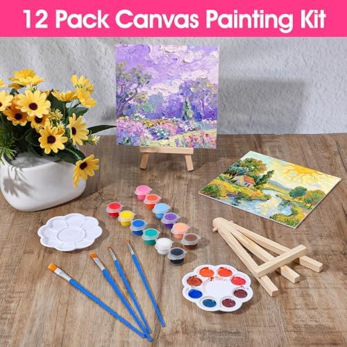 12 Sets Canvas Painting Kit, Canvas and Easel Set Bulk, Mini Canvas Panels and Easel Painting Kit, 12 Colors Acrylic Paint Strips, 24 Brushes, 12 Palettes for Beginners Adults Kids Party Favors - Image 4